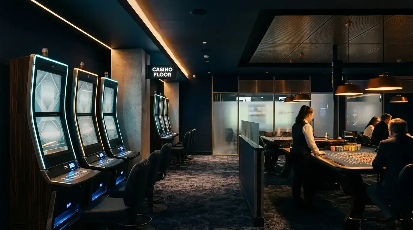 Dark casino-lobby illustration with slot cabinets and a softly lit live table area