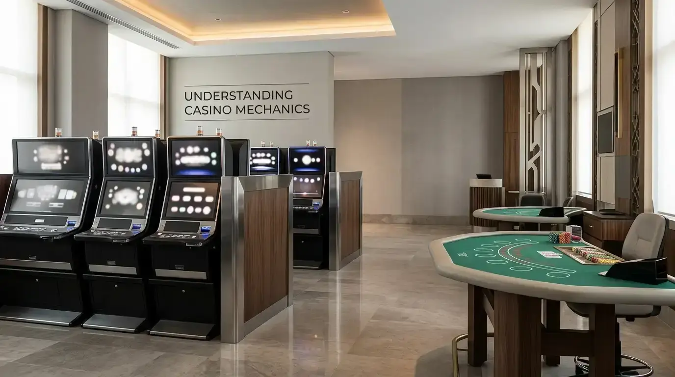 Generic casino lobby scene with slot-style screens on one side and a live table setup on the other
