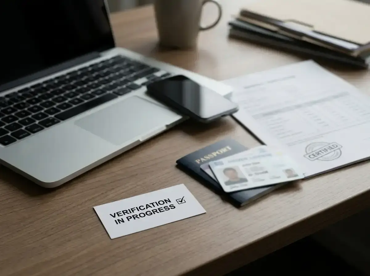 Generic identity documents, a smartphone and a laptop arranged on a desk with no personal details visible