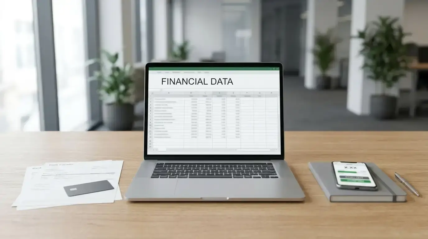 Laptop beside bank-transfer paperwork, a payment card and a phone showing a generic cash-out interface