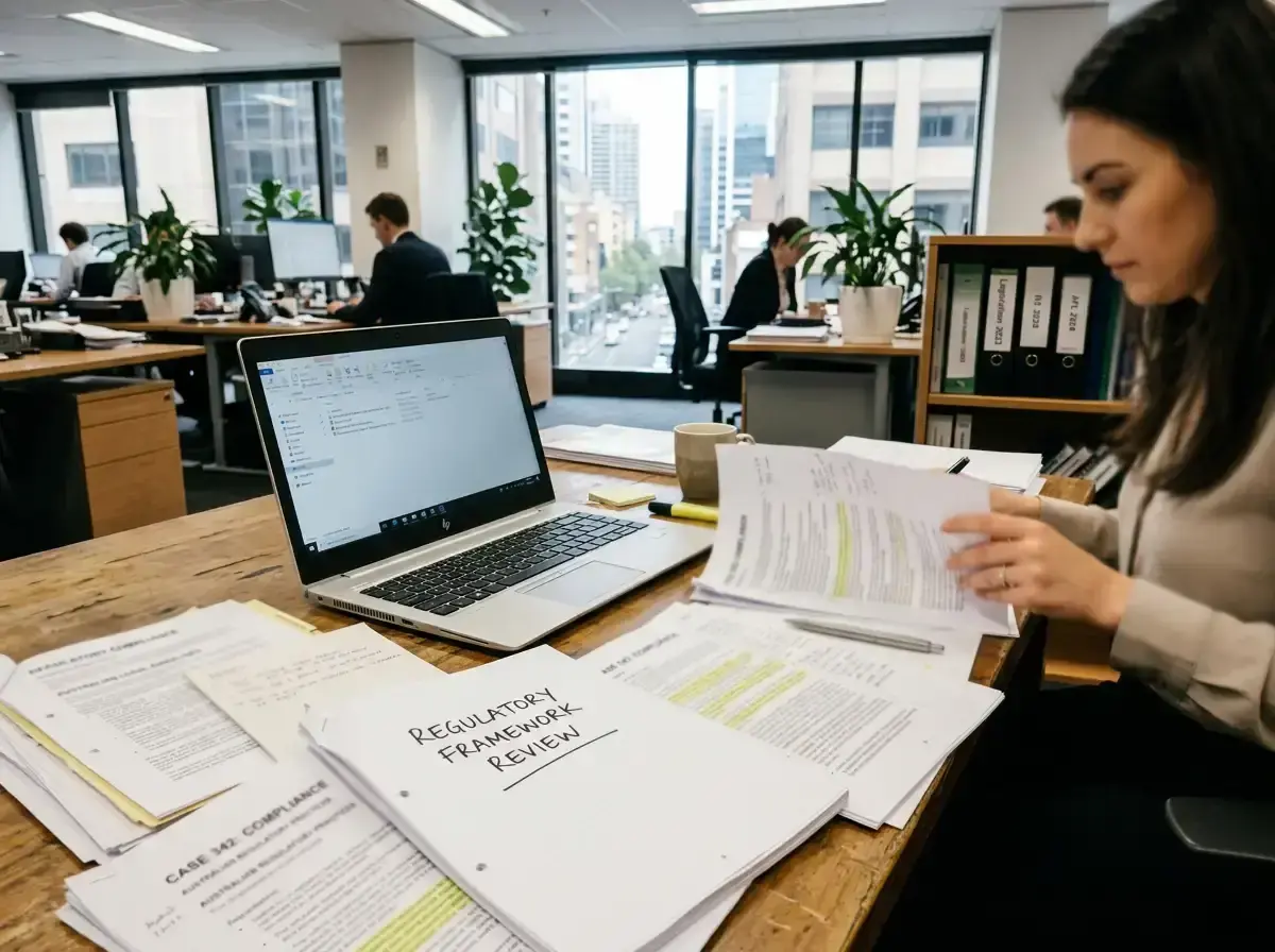 Open legal documents beside a laptop and a neutral desk lamp in an Australian office setting